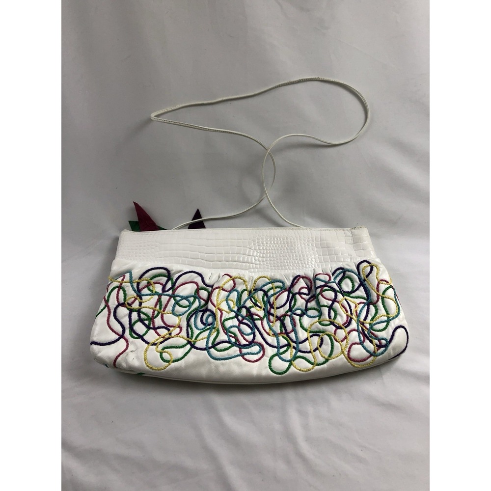 Vintage 80s Opulent Containers White Leather Crossbody Bag Abstract Bow Clutch - Picture 3 of 10